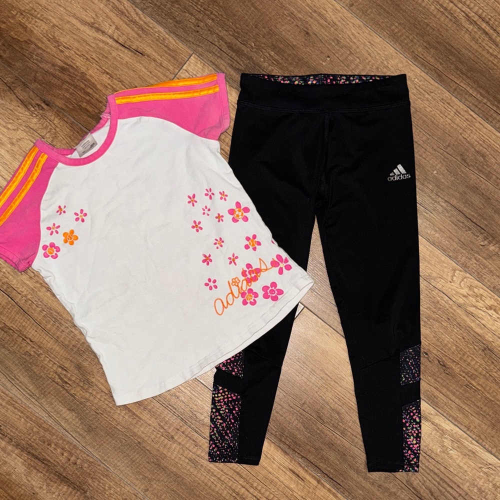 Adidas Kids Soccer ⚽️ Pink Floral Tee and Black Leggings Set